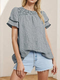 Smocked Plaid Round Neck Layered Short Sleeve Blouse - Trendsi - Flyclothing LLC