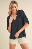Aemi + Co Side Slit Notched Ruffled Half Sleeve Blouse - Trendsi - Flyclothing LLC