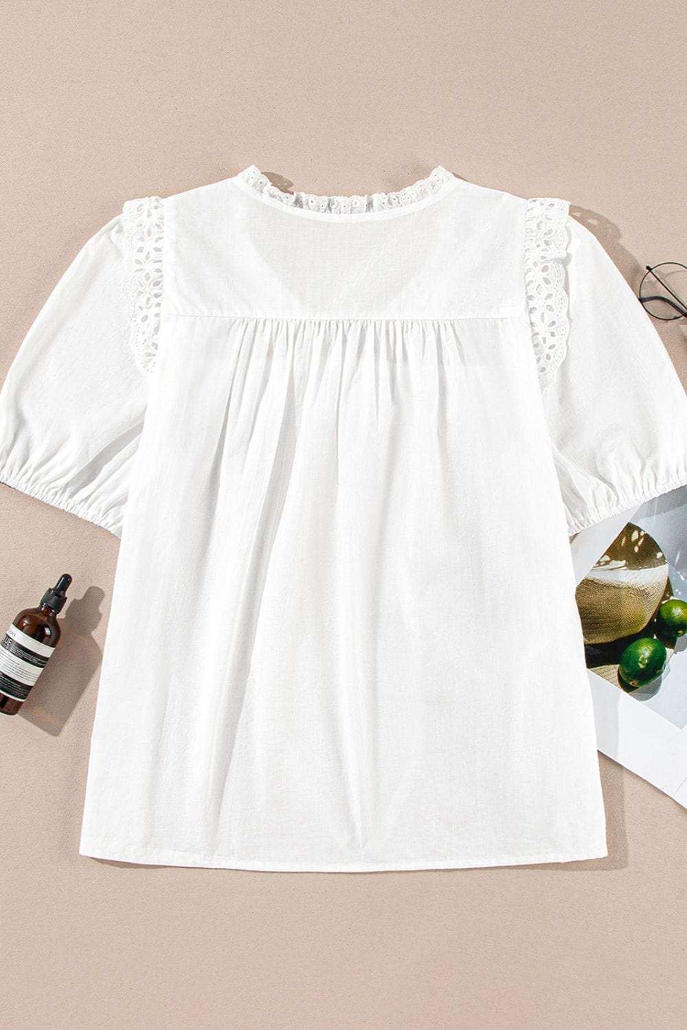Lace Patchwork Tie Neck Short Sleeve Blouse - Trendsi - Flyclothing LLC