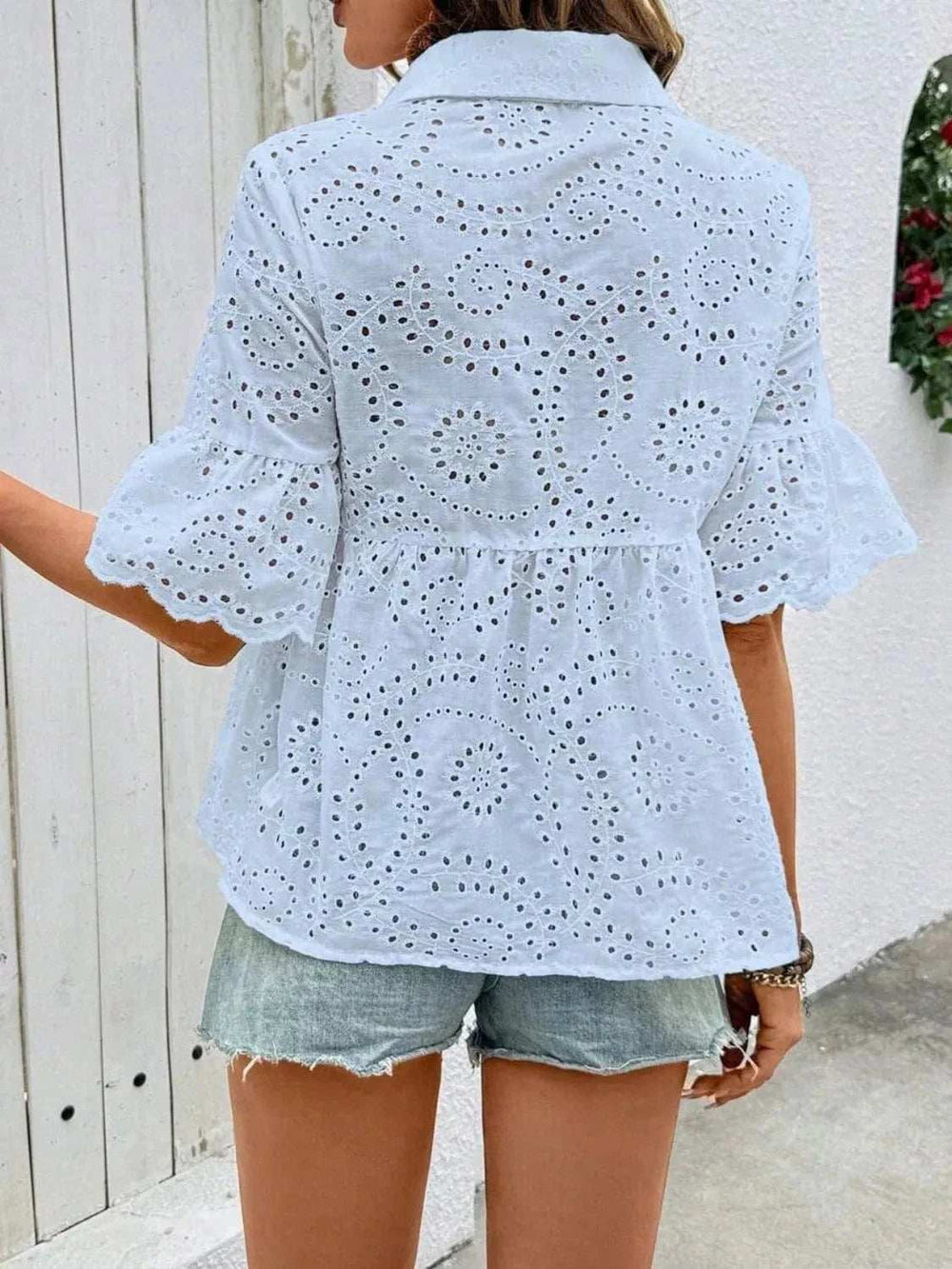 Eyelet Solid Collared Neck Half Sleeve Shirt - Trendsi - Flyclothing LLC