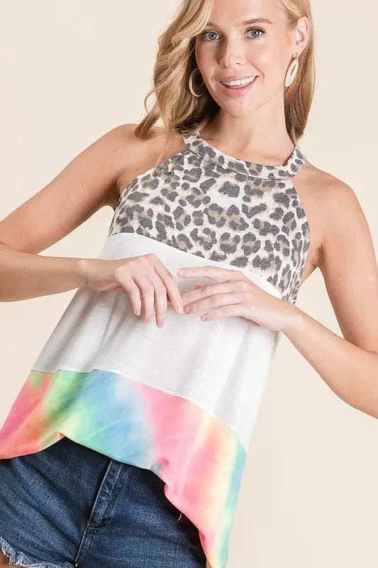 BiBi Leopard and Tie Dye Block Halter Neck Top - Trendsi - Flyclothing LLC