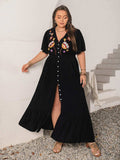Plus Size Embroidered V-Neck Flutter Sleeve Maxi Dress - Trendsi - Flyclothing LLC