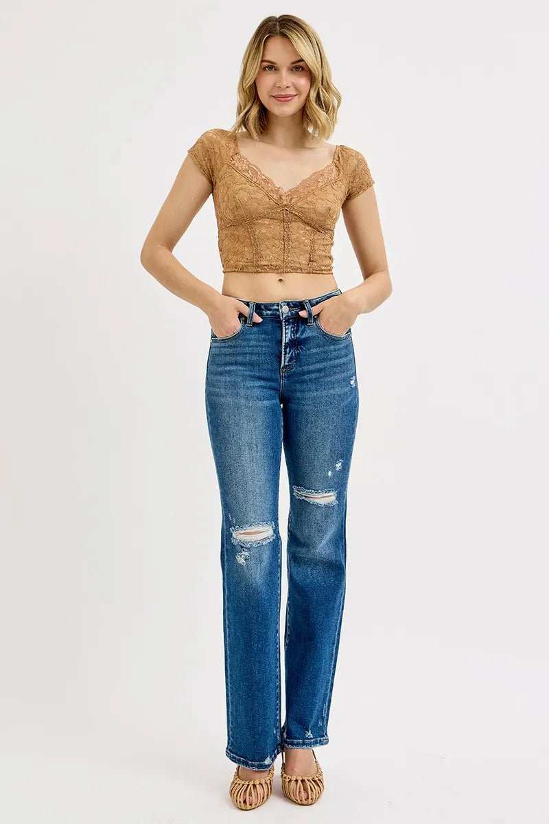 RISEN Full Size Tummy Control High Rise Straight Distressed Jeans Plus Size - Trendsi - Flyclothing LLC