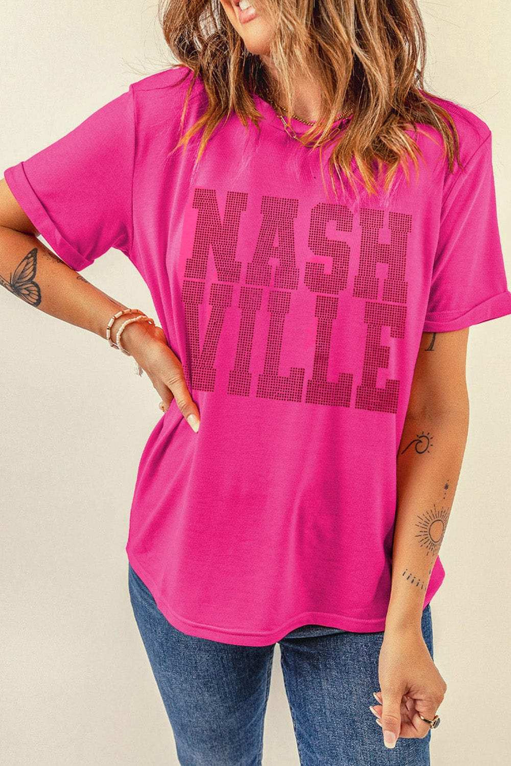 NASHVILLE Round Neck Short Sleeve T-Shirt - Trendsi - Flyclothing LLC