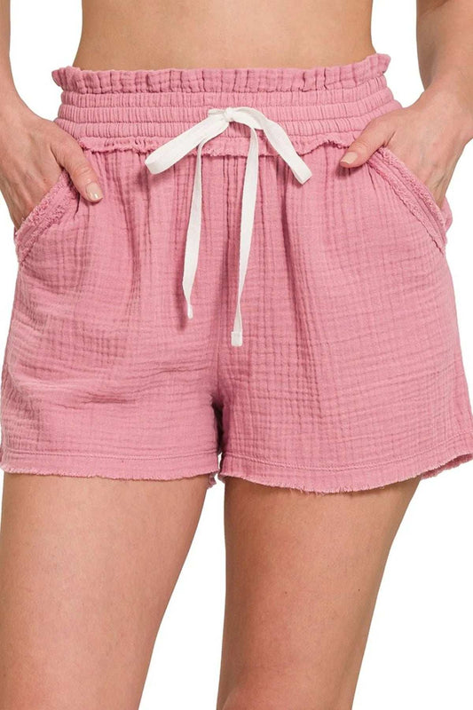 Zenana Double Gauze Elasticband Drawstring Waist Shorts - Trendsi - Flyclothing LLC
