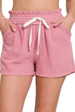 Zenana Double Gauze Elasticband Drawstring Waist Shorts - Trendsi - Flyclothing LLC
