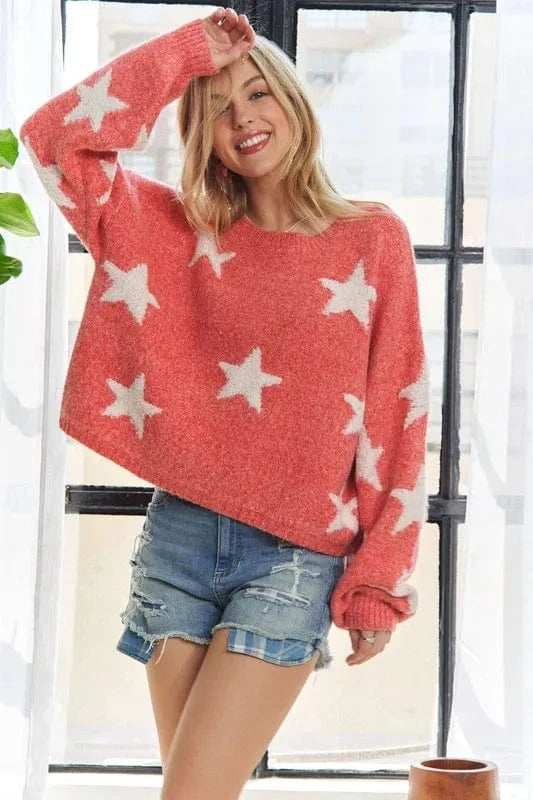 ADORA Full Size Star Contrast Round Neck Sweater Plus Size - Trendsi - Flyclothing LLC