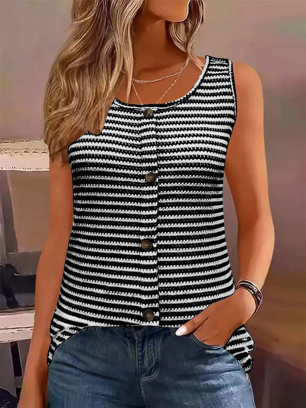 Striped Round Neck Tank Top - Trendsi - Flyclothing LLC
