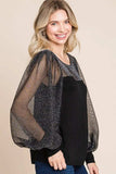 Super Lady Full Size Metallic Mesh Lantern Sleeve Blouse - Trendsi - Flyclothing LLC