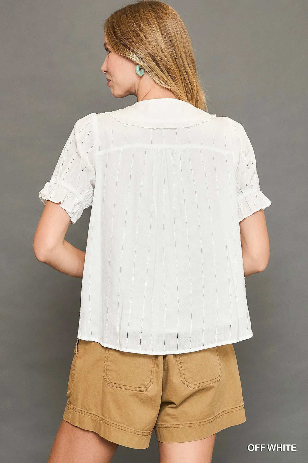 Umgee Peter Pan Collared Button Down Textured Shirt with Ruffled Detail - Trendsi - Flyclothing LLC