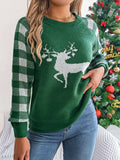 Reindeer Plaid Round Neck Long Sleeve Sweater - Trendsi - Flyclothing LLC