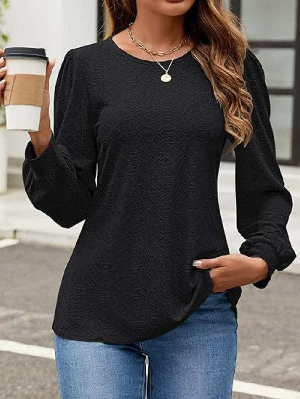 Eyelet Round Neck Long Sleeve Top - Trendsi - Flyclothing LLC