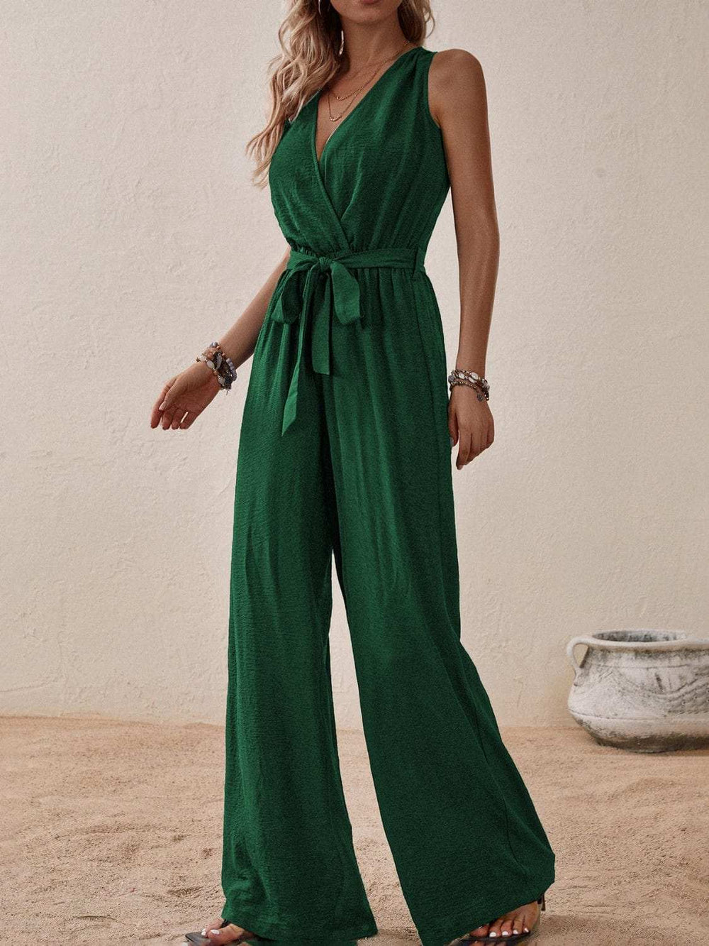 Tied Surplice Sleeveless Wide Leg Jumpsuit - Trendsi - Flyclothing LLC