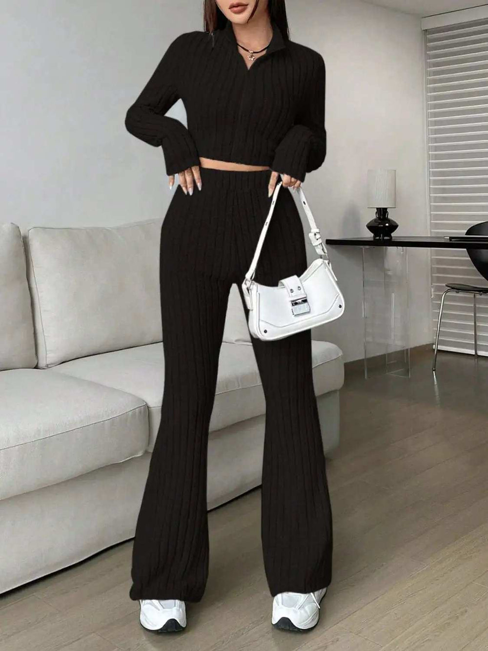 Zip Up Long Sleeve Top and Pants Set - Trendsi - Flyclothing LLC
