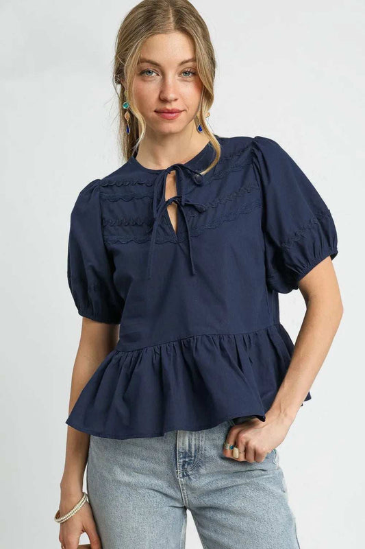 Umgee Tie Front Puff Sleeve Blouse - Trendsi - Flyclothing LLC