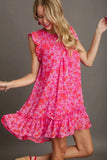 Umgee Full Size Smocked Detail Floral Metallic Ruffle Cap Sleeve Dress Plus Size - Trendsi - Flyclothing LLC