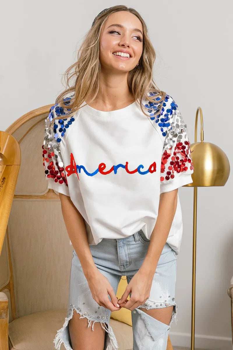 BiBi America Letter Applique Spangle Puff Sleeves Top - Trendsi - Flyclothing LLC