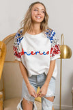 BiBi America Letter Applique Spangle Puff Sleeves Top - Trendsi - Flyclothing LLC