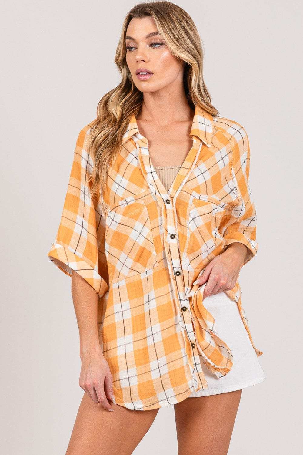 SAGE + FIG Plaid Button Up Side Slit Shirt - Trendsi - Flyclothing LLC