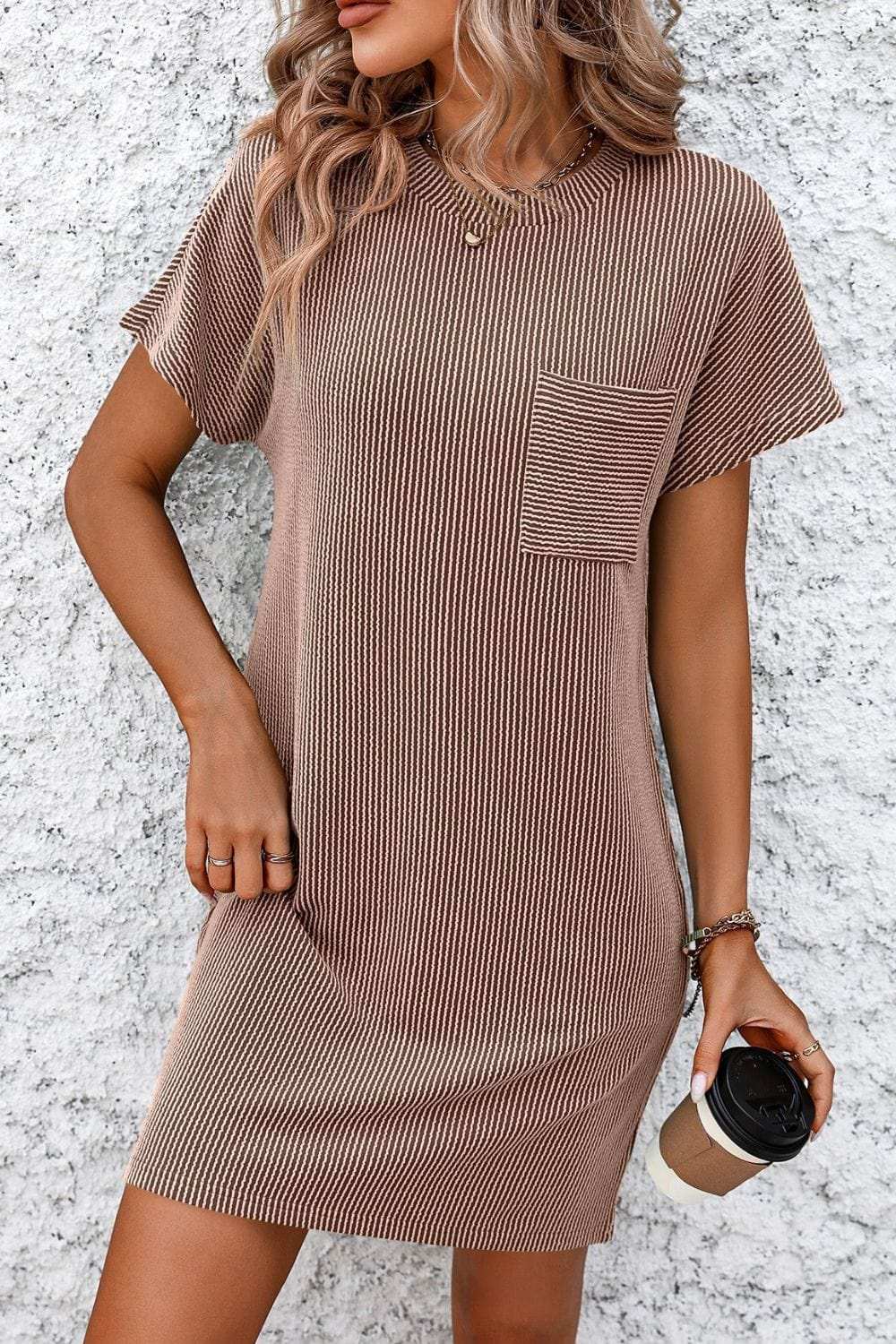 Ribbed Striped Short Sleeve Mini Tee Dress - Trendsi - Flyclothing LLC