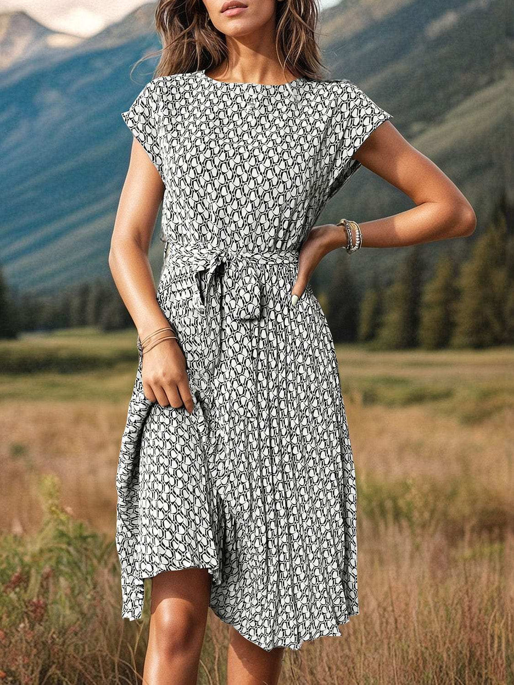 Printed Cap Sleeve Tie Waist Dress - Trendsi - Flyclothing LLC