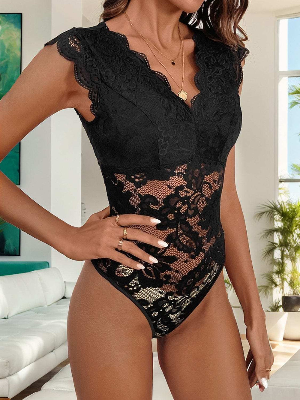V-Neck Lace Bodysuit - Trendsi - Flyclothing LLC