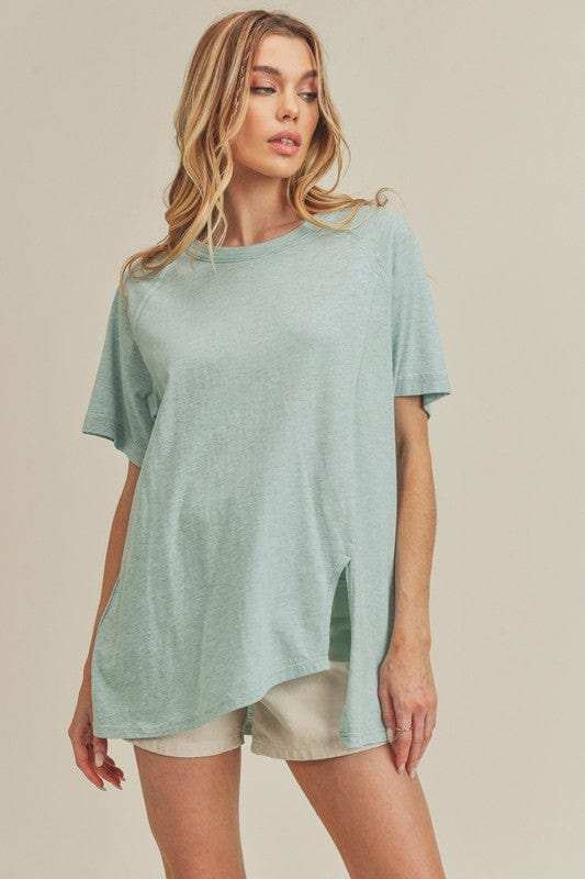 Aemi + Co Asymmetrical Front Slit Round Neck Raglan Sleeve T-Shirt - Trendsi - Flyclothing LLC