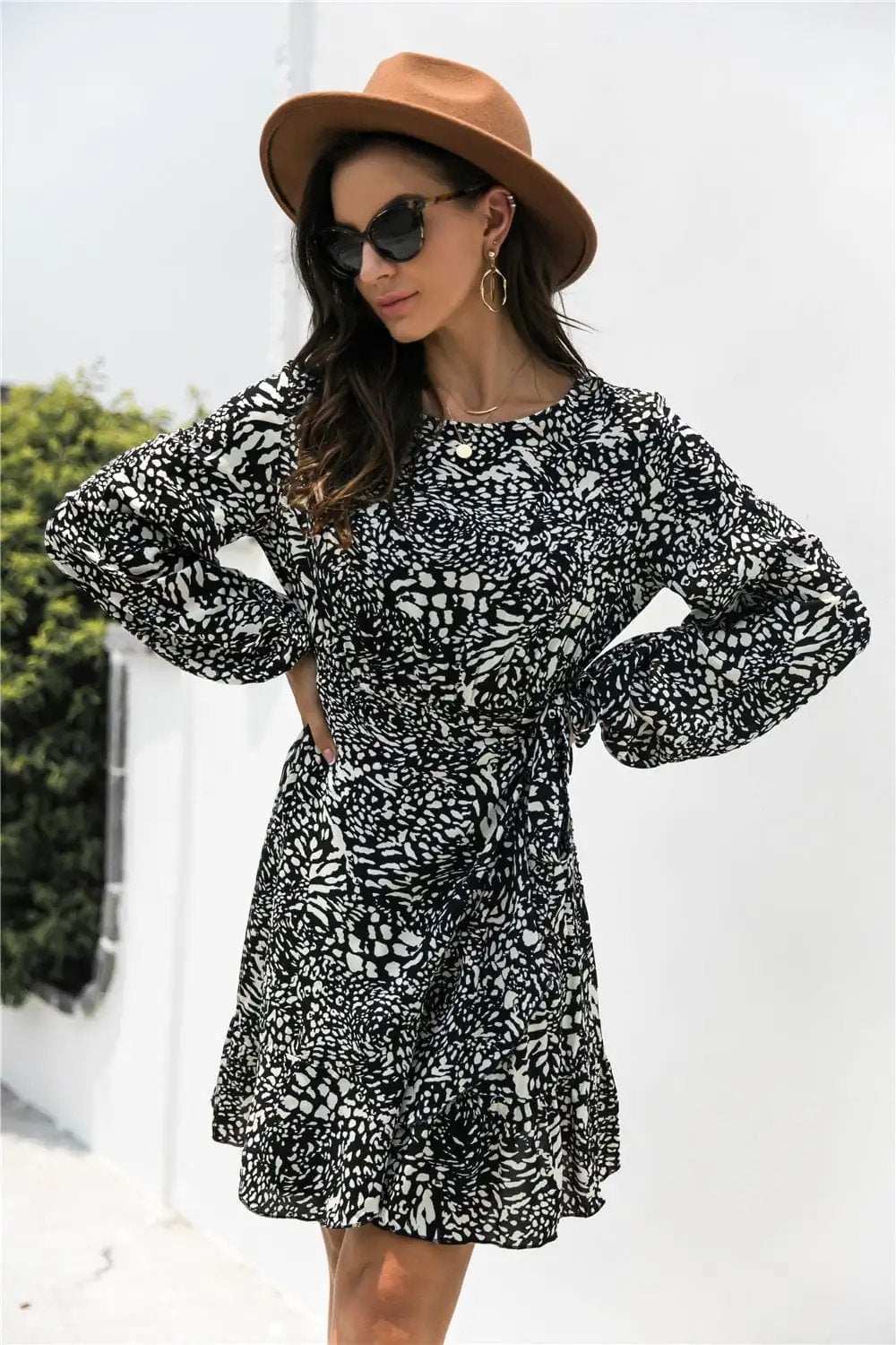 Animal Print Round Neck Balloon Sleeve Mini Dress - Trendsi - Flyclothing LLC