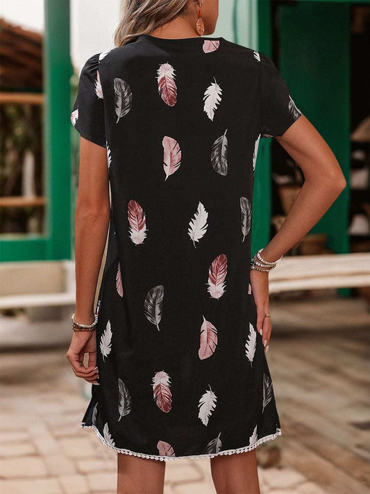 Printed Tie Neck Short Sleeve Dress - Trendsi - Flyclothing LLC