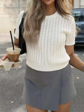 Cable-Knit Short Sleeve Sweater - Trendsi - Flyclothing LLC