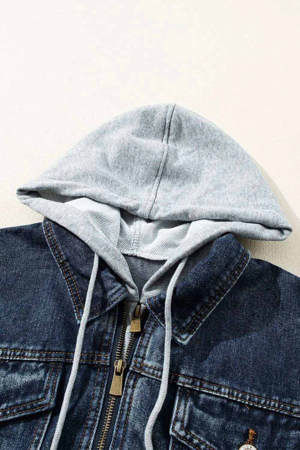 Fake Two-Piece Hooded Zip-Up Denim Jacket - Trendsi - Flyclothing LLC