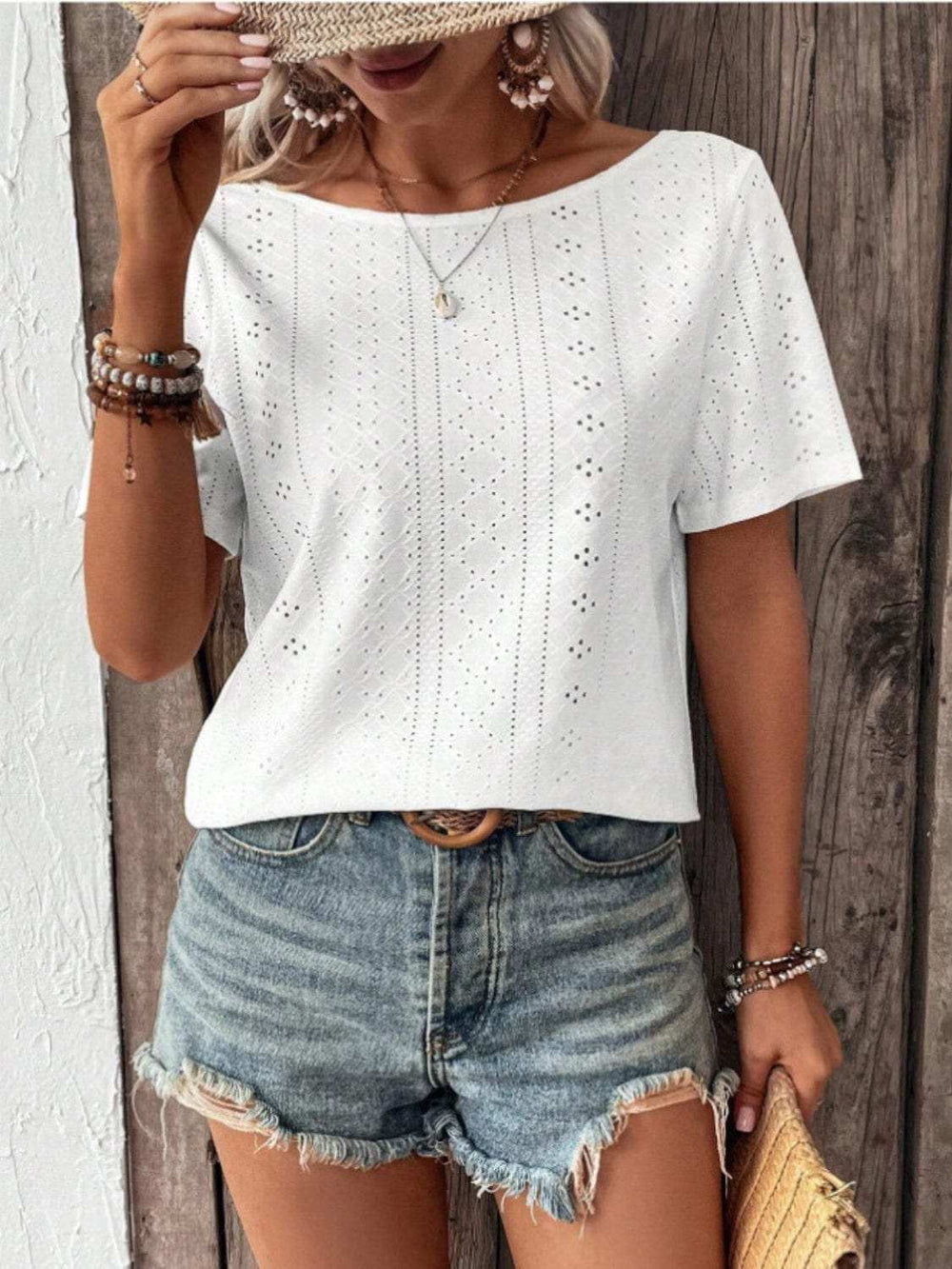 Lace Detail Eyelet Short Sleeve Blouse - Trendsi - Flyclothing LLC