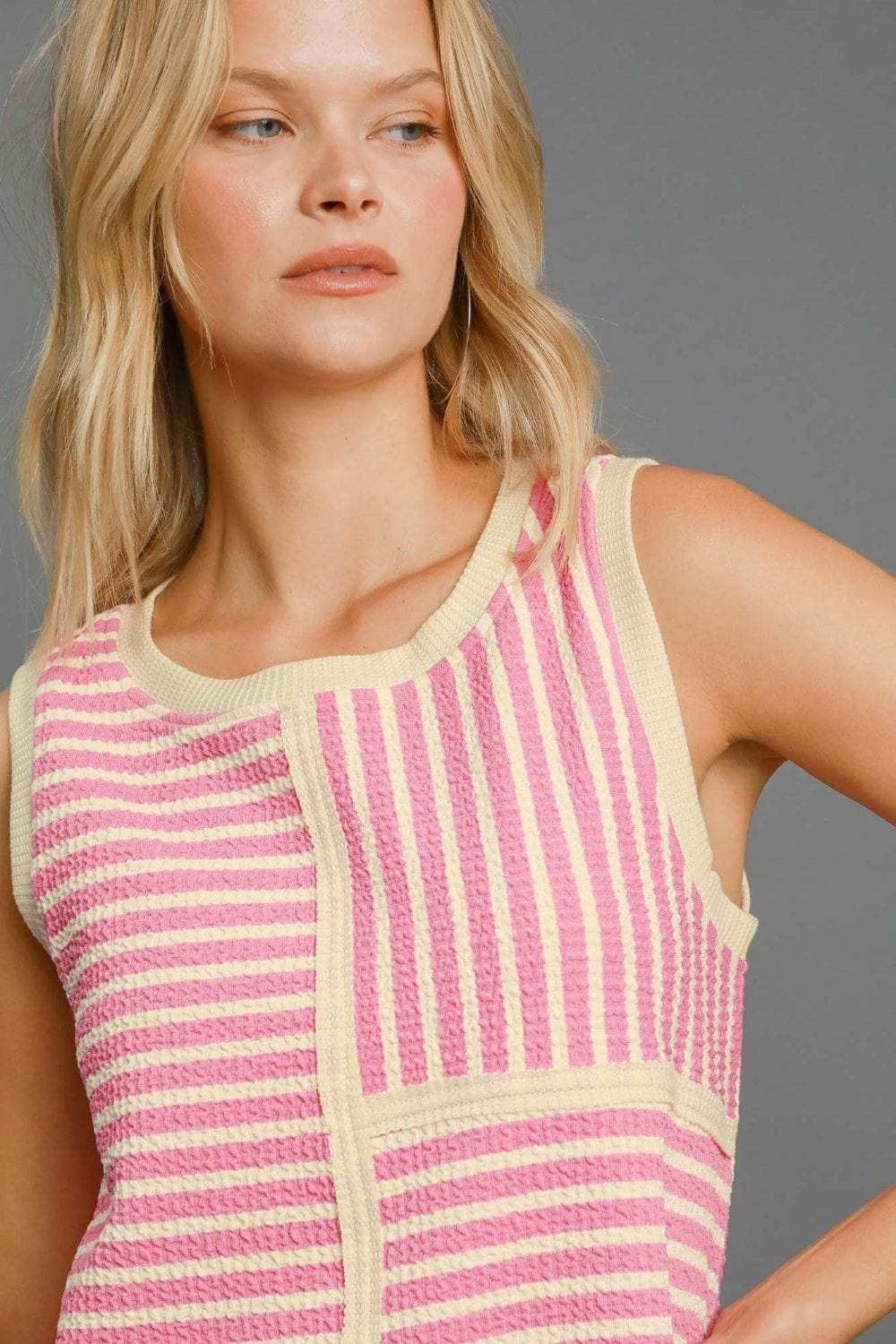 Umgee Round Neck Texture Striped Tank - Trendsi - Flyclothing LLC
