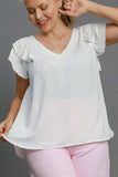Umgee Full Size V-Neck Double Layered Ruffle Sleeve Blouse Plus Size - Trendsi - Flyclothing LLC