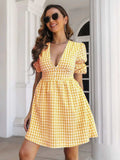 Decorative Button Plaid Short Sleeve Dress - Trendsi - Flyclothing LLC