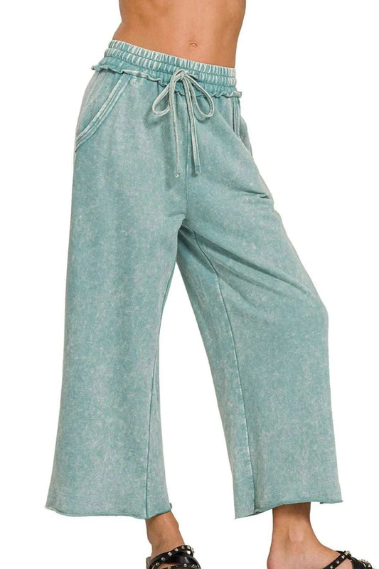 Zenana Washed French Terry Palazzo With Pockets - Trendsi - Flyclothing LLC