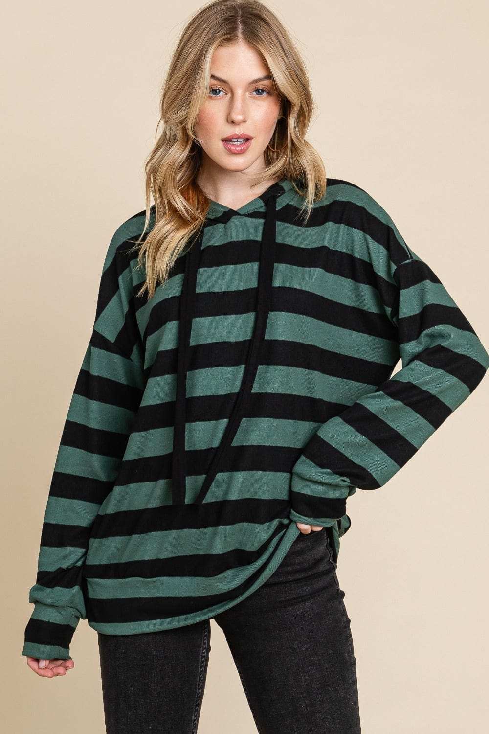 BOMBOM Drawstring Striped Dropped Shoulder Hoodie - Trendsi - Flyclothing LLC