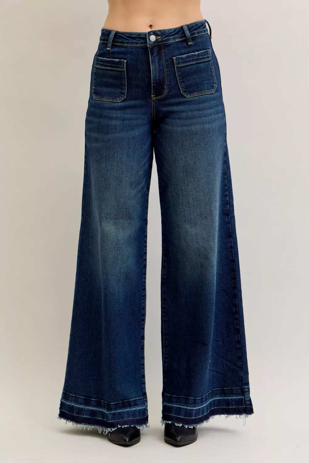 Judy Blue High Waist Palazzo Jeans with Front Patch Pockets - Trendsi - Flyclothing LLC