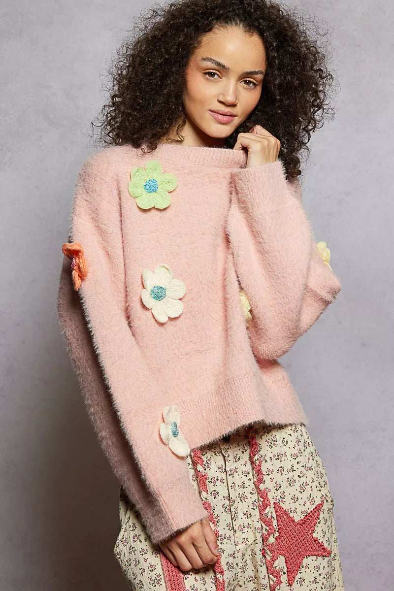 POL Round Neck Long Sleeve Sweater with 3D Floral Patch Detail - Trendsi - Flyclothing LLC