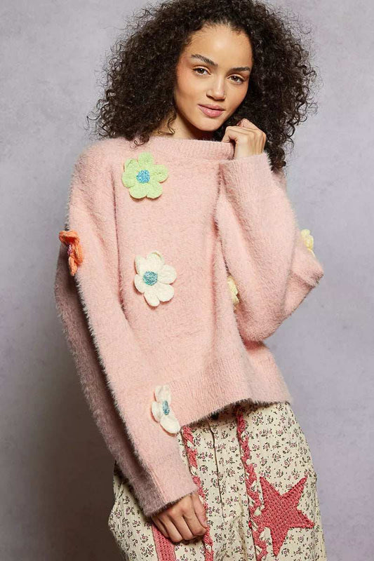 POL Round Neck Long Sleeve Sweater with 3D Floral Patch Detail - Trendsi - Flyclothing LLC