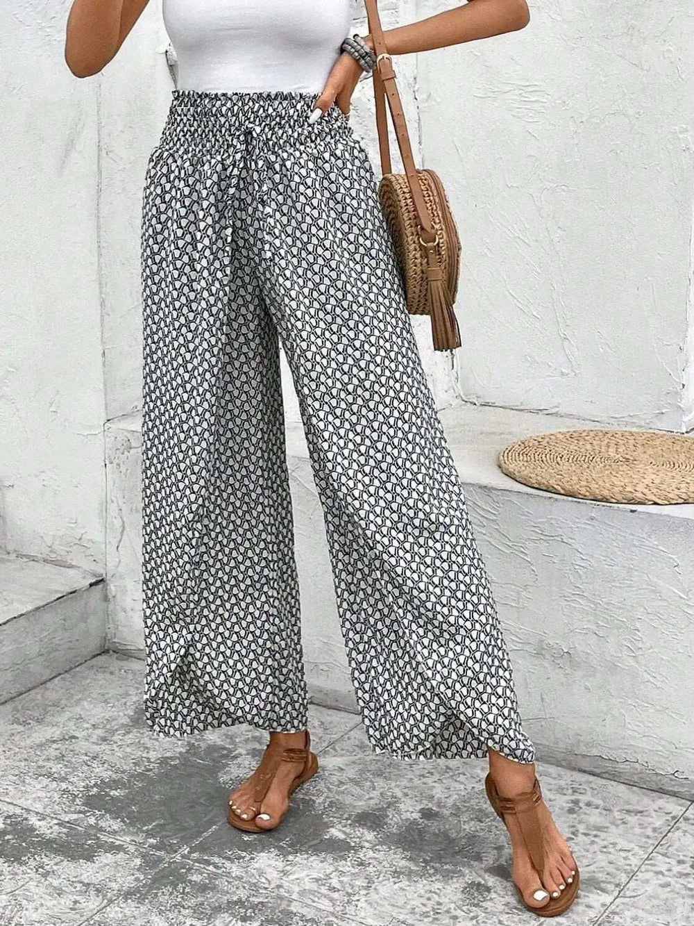 Tied Printed Wide Leg Pants - Trendsi - Flyclothing LLC