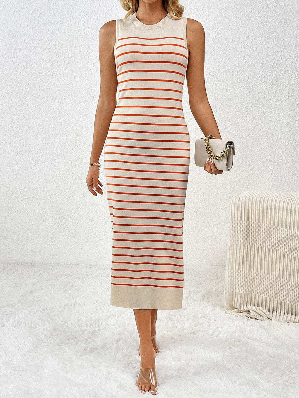 Round Neck Sleeve Midi Knit Dress - Trendsi - Flyclothing LLC