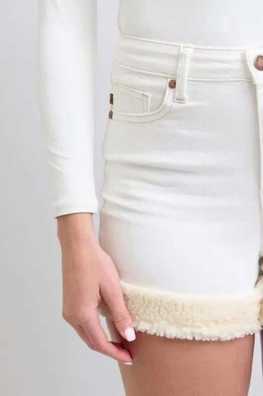 Judy Blue Full Size High Waist Shearling Cuff Denim Shorts Plus Size - Trendsi - Flyclothing LLC