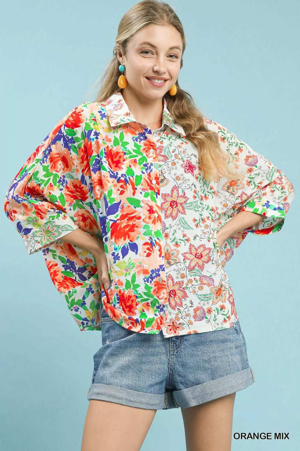 Umgee Mixed Floral Oversized Button Down Shirt - Trendsi - Flyclothing LLC