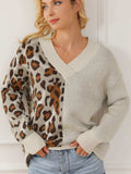 Leopard V Neck Drop Shoulder Sweater - Trendsi - Flyclothing LLC
