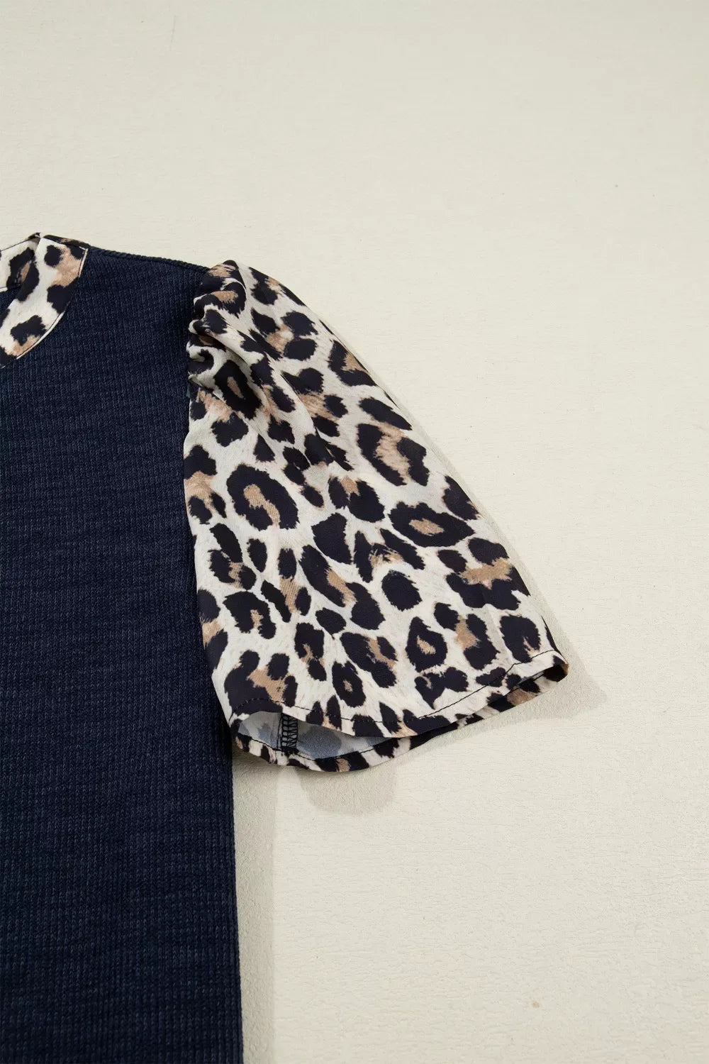 Ribbed Contrast Leopard Patchwork Short Sleeve Top - Trendsi - Flyclothing LLC