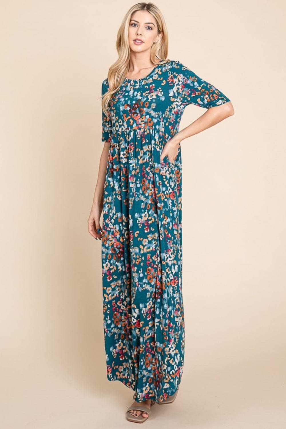 BOMBOM Printed Shirred Maxi Dress - Trendsi - Flyclothing LLC