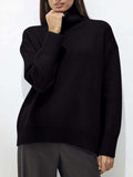 Ribbed Detail Turtleneck Dropped Shoulder Sweater - Trendsi - Flyclothing LLC