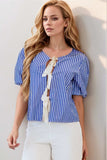 Stripe Tied Front Puff Short Sleeve Top - Trendsi - Flyclothing LLC