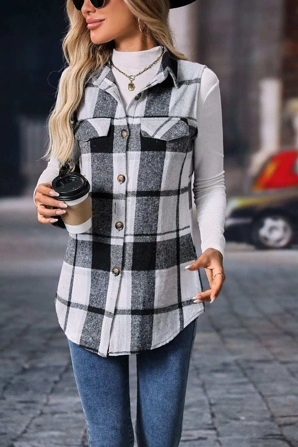 Plaid Button Up Vest Coat - Trendsi - Flyclothing LLC